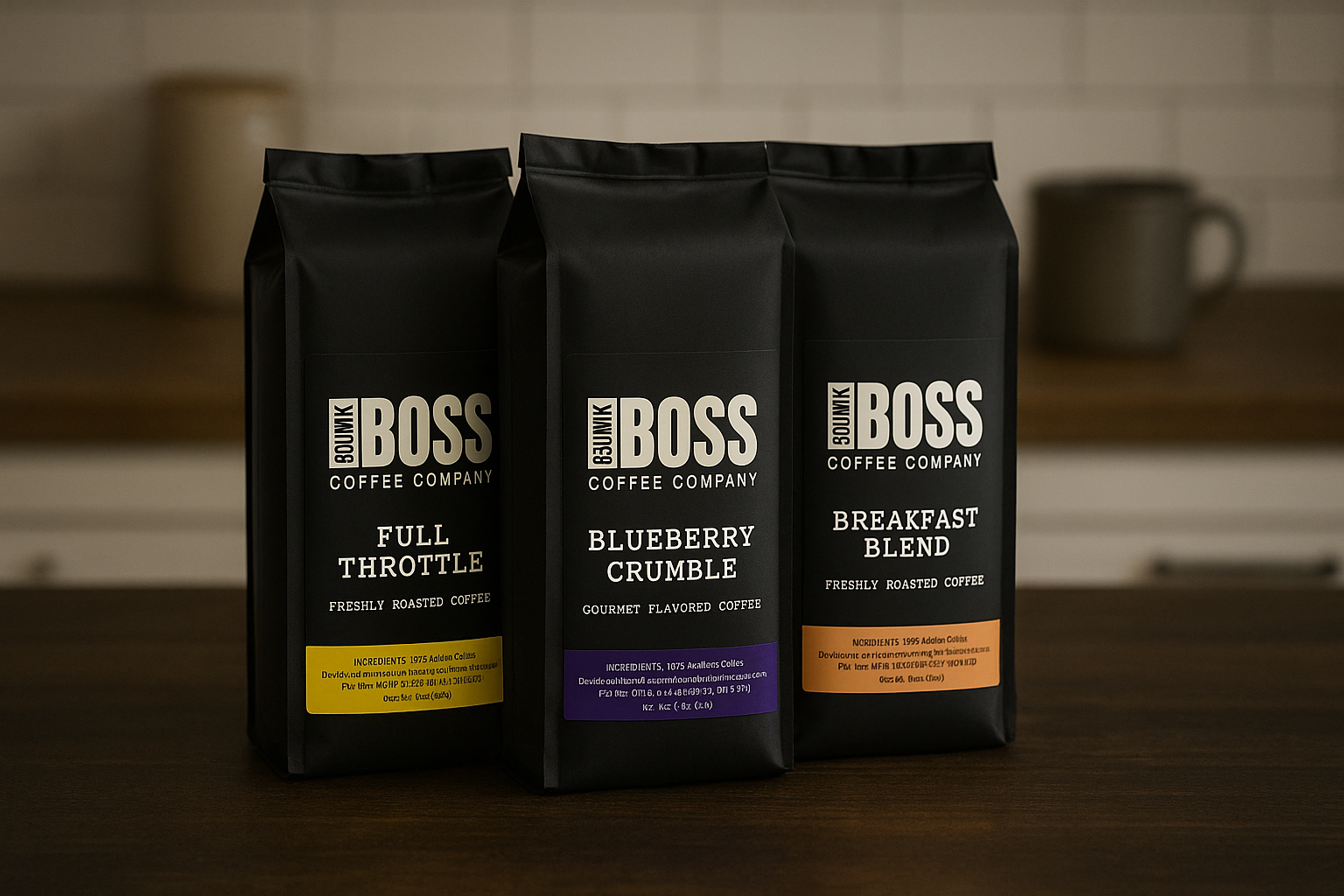 Three black coffee bags from BOSS Coffee Company on a wooden surface with a blurred background.